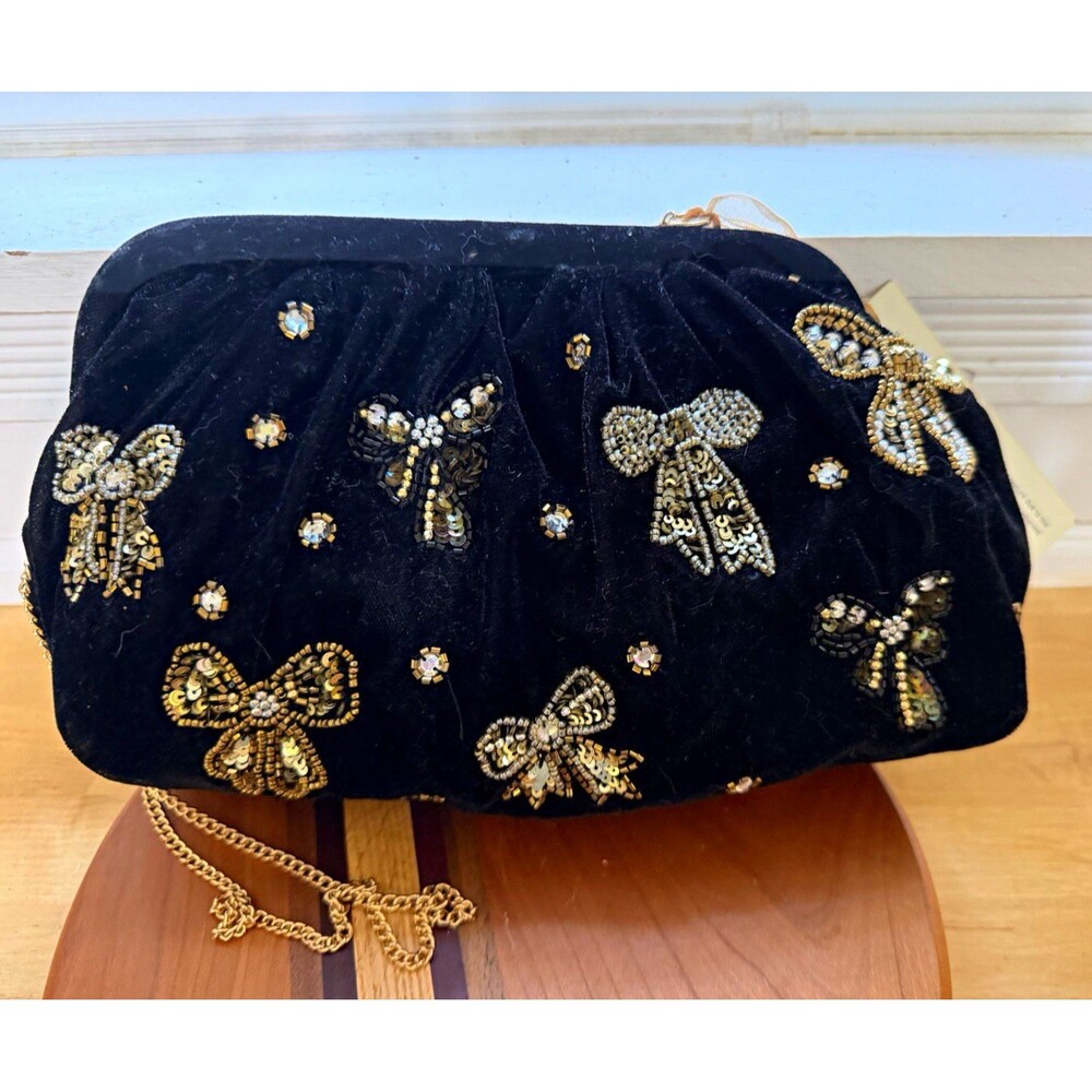 Black Gold Velvet Evening Bag Beaded Bow Design with Chain Strap Formal